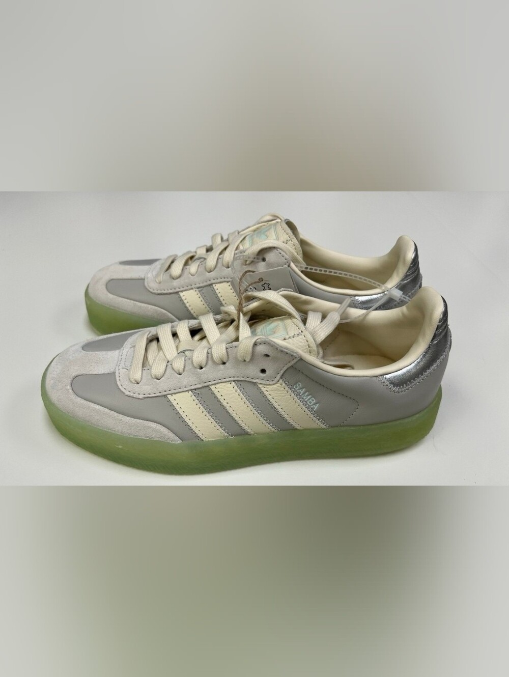 Adidas Sambae Sneakers in Cream and Gray/Silver with Green Sole